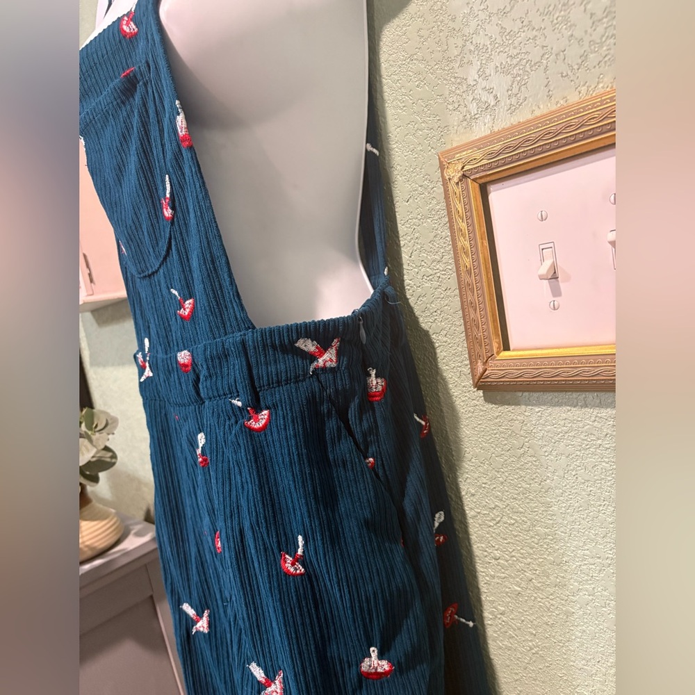 Cider Navy Blue Mushroom Embroidered Corduroy Overalls Jumpsuit - Picture 6 of 13